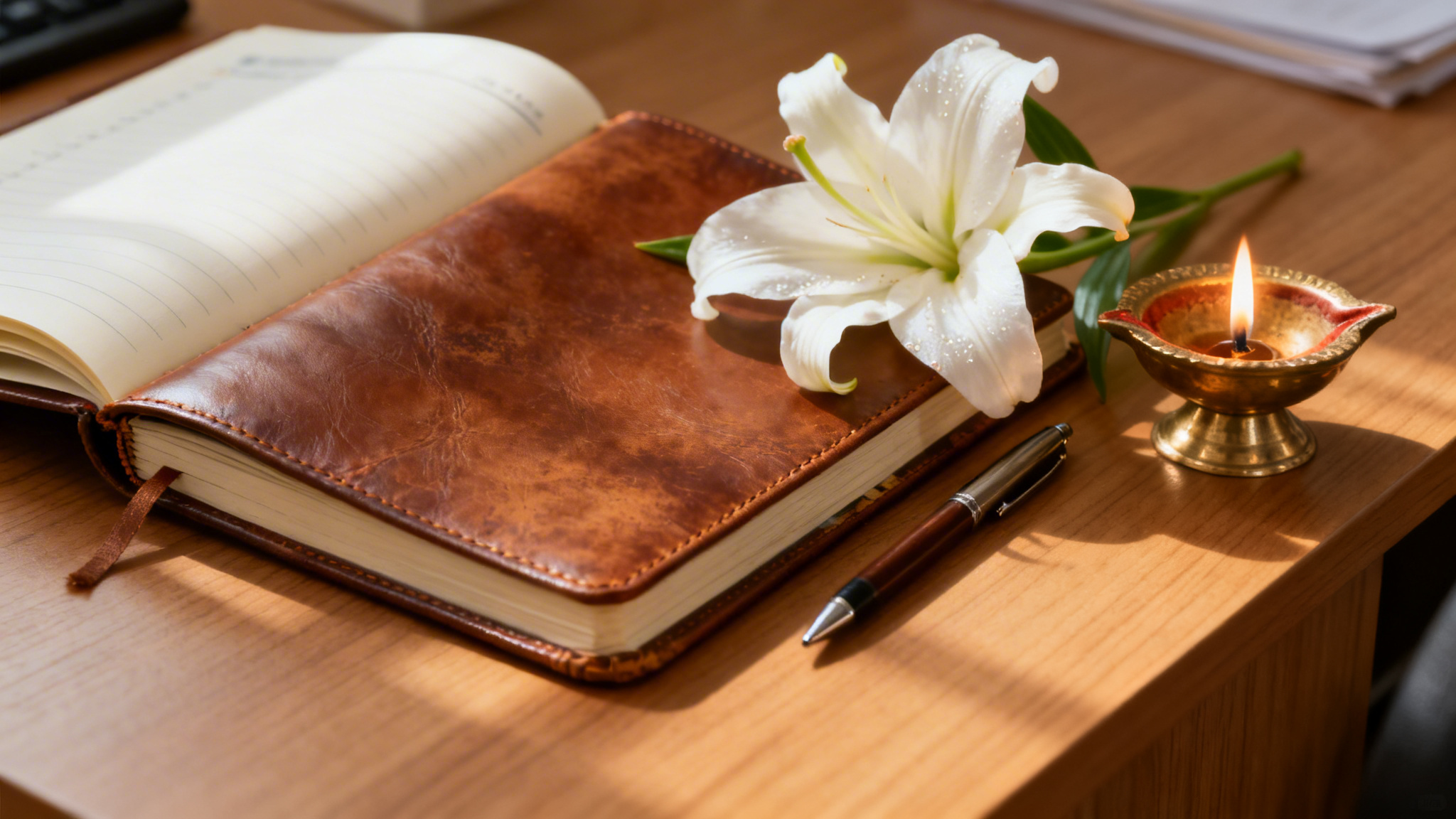 Open notebook with white lily and diya lamp representing the compassionate pre-planning of a Hindu or Sikh funeral in Birmingham