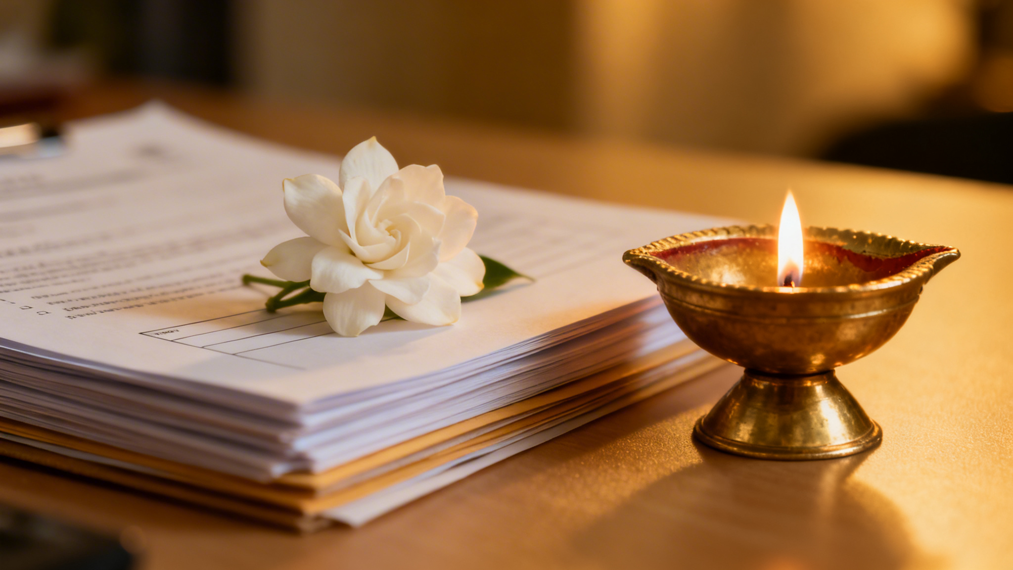 Neatly arranged documents with white flower representing the organised and transparent funeral pre-planning service at Indian Funeral Company Birmingham