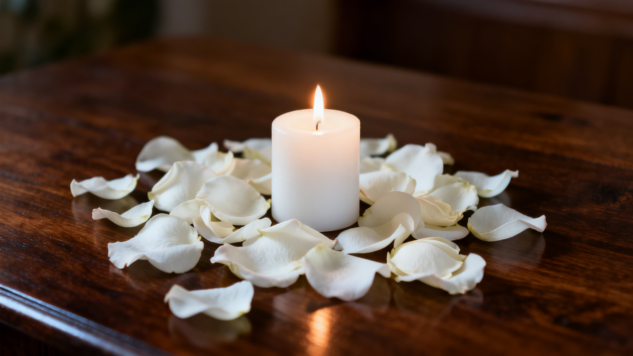 White candle with rose petals representing a peaceful condolence message for families attending a Hindu or Sikh funeral