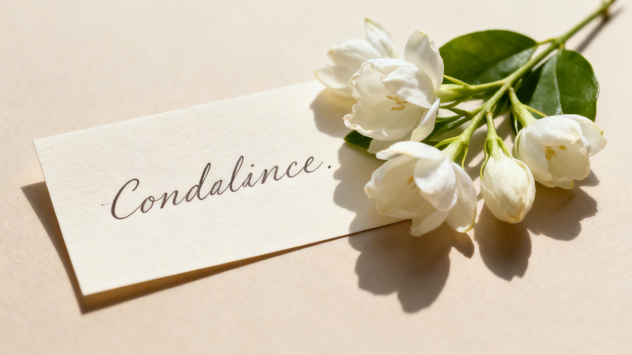 Handwritten condolence card with white jasmine flowers representing compassionate words of comfort at a Hindu or Sikh funeral