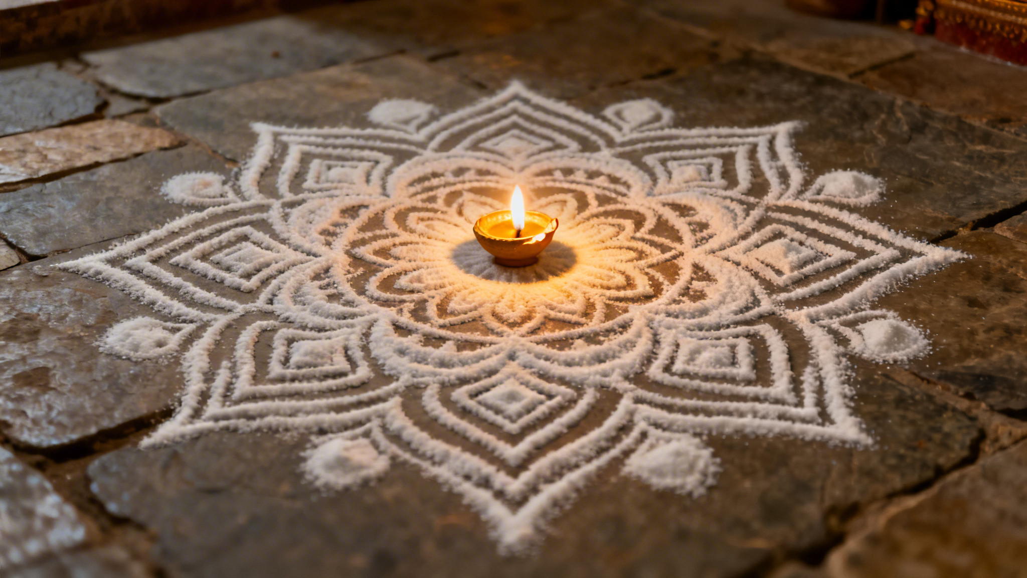 South Indian Kolam Rangoli Oil Lamps Tamil Funeral Traditional Tamil kolam rangoli pattern with oil lamps representing South Indian Hindu funeral rituals and Tamil traditions in Birmingham