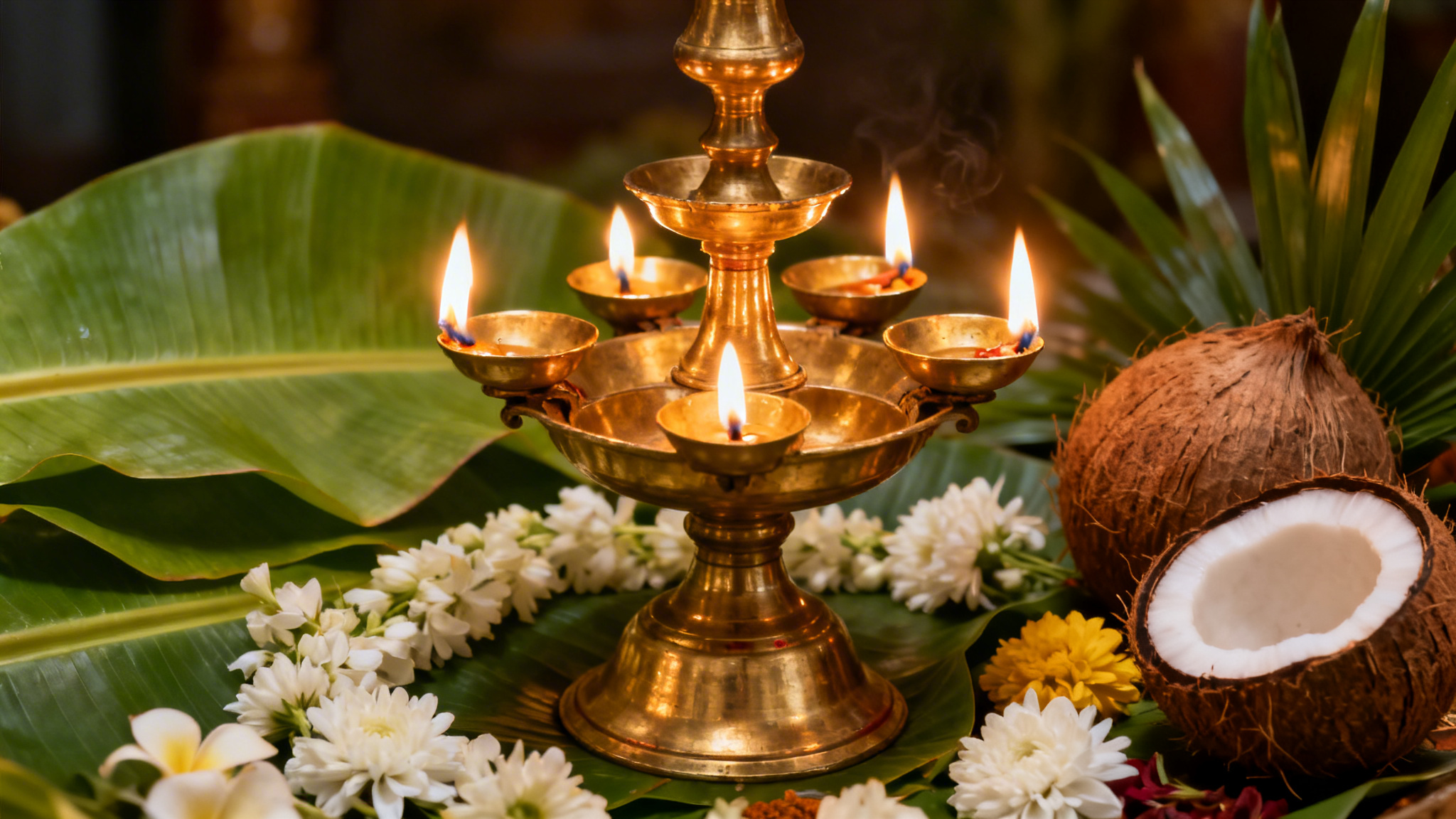 South Indian Kuthu Vilakku Brass Oil Lamp Tamil Traditional South Indian Kuthu Vilakku brass oil lamp with banana leaf offerings representing Tamil Hindu funeral ceremonies in Birmingham