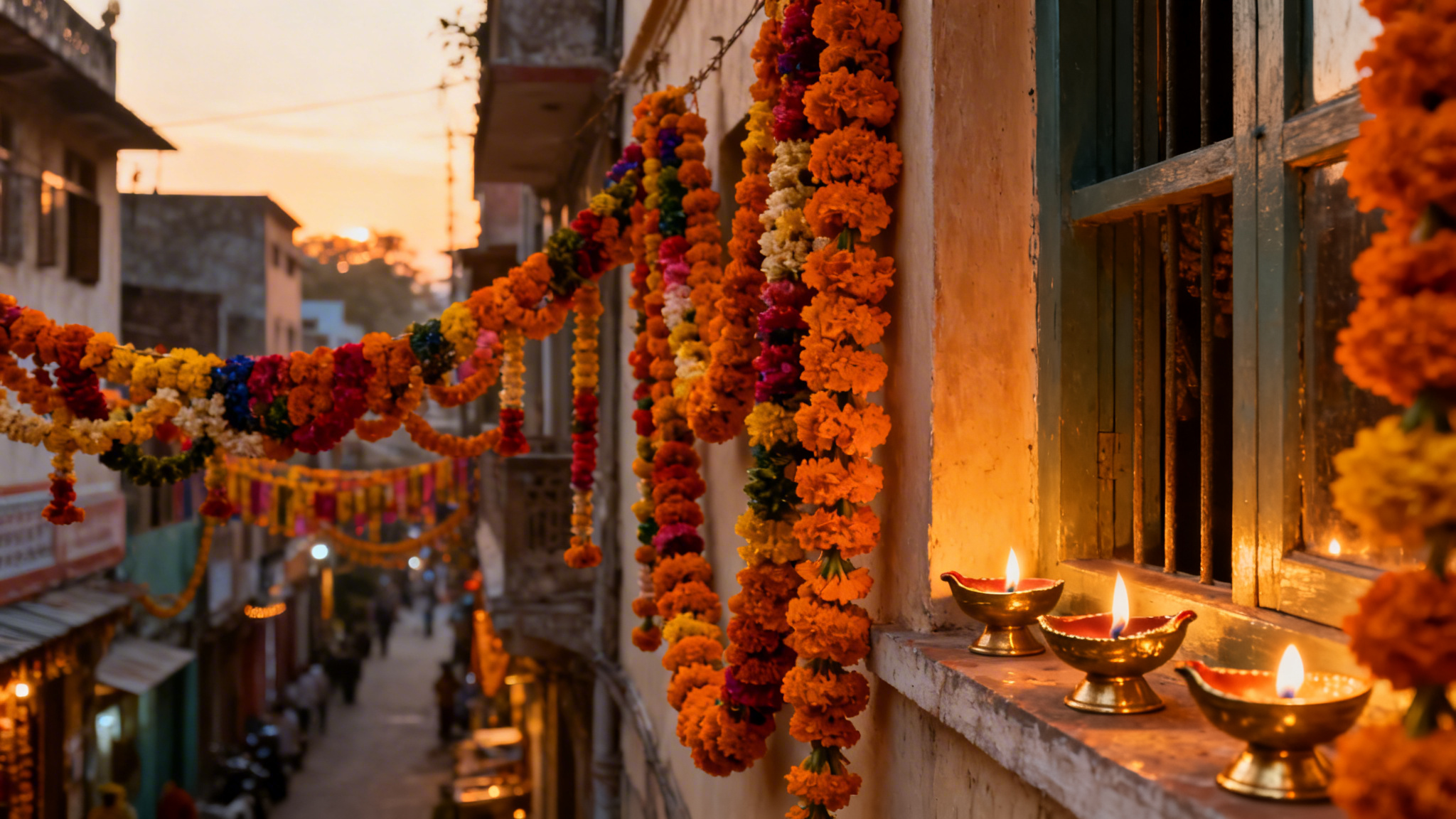 Vibrant marigold garlands and diya lamps representing Asian funeral director services in Handsworth Birmingham