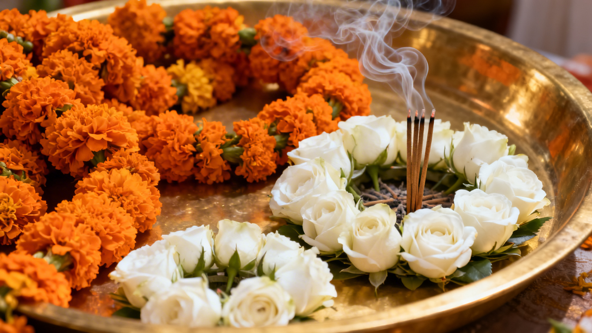 Traditional South Asian funeral floral tribute with marigold garlands representing Hindu and Sikh funeral services near Handsworth
