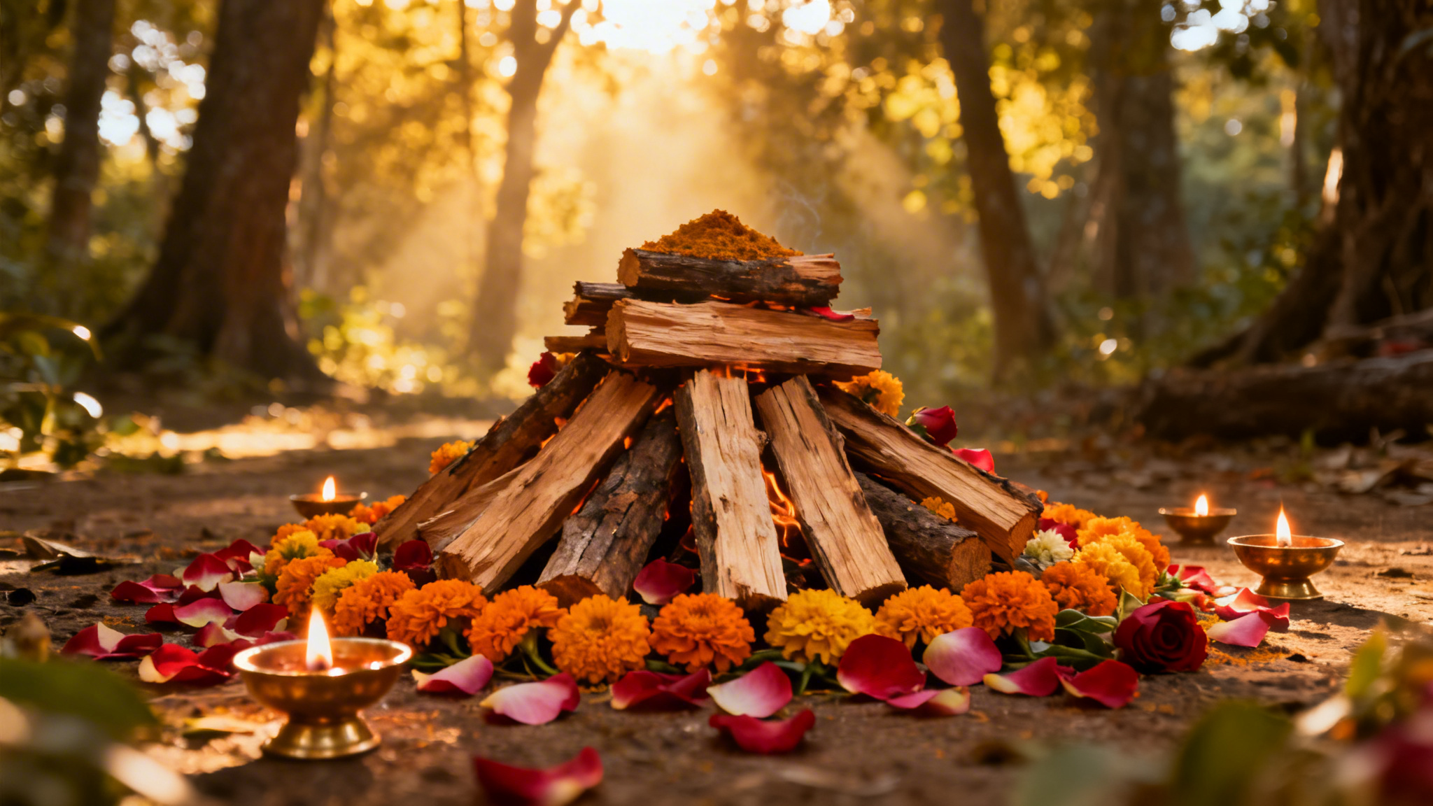 Hindu Antyeshti Funeral Pyre Preparation Traditional Hindu funeral pyre with sandalwood and marigold flowers representing the Antyeshti ceremony in Birmingham