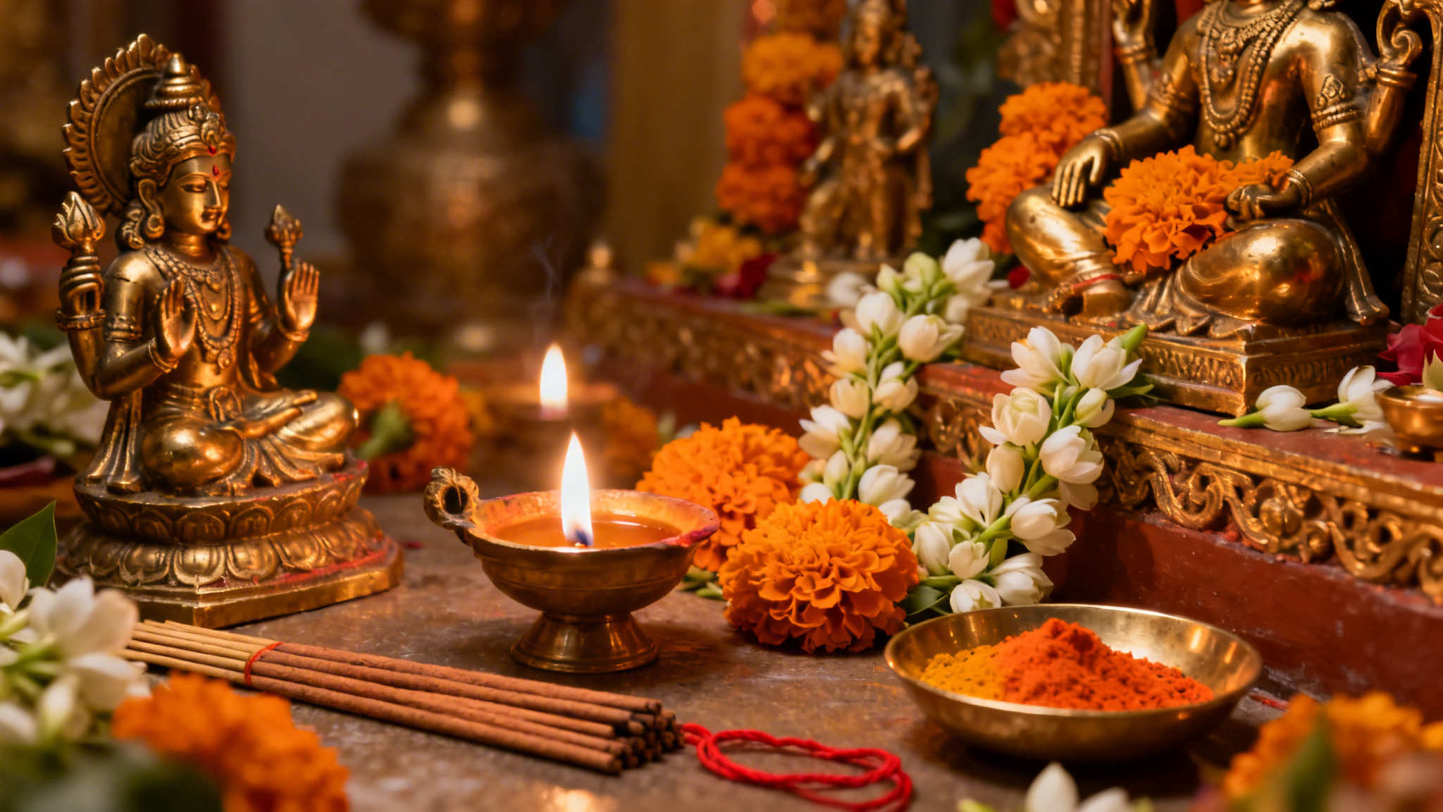 Hindu Puja Altar with Diya Lamps and Offerings Ornate Hindu puja altar with brass statues, diya lamps and flower offerings for Hindu funeral ceremonies in Birmingham