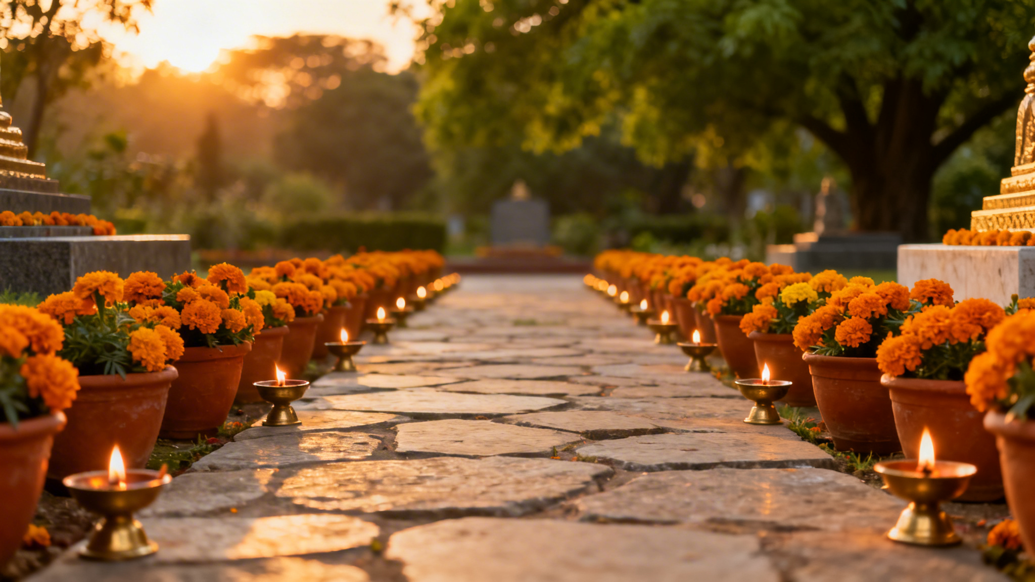 Hindu Funeral Memorial Garden Birmingham Peaceful Hindu memorial garden with marigold flowers and brass oil lamps representing compassionate funeral care in Birmingham