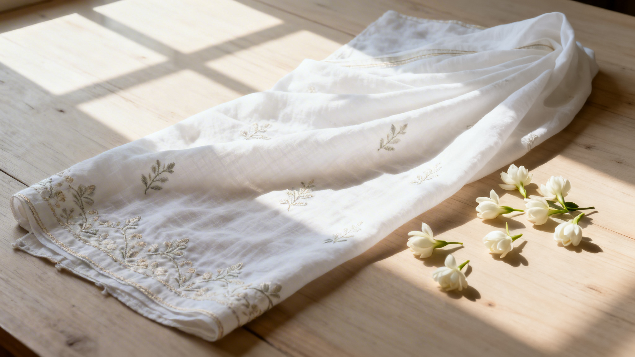 White cotton saree with jasmine flowers representing appropriate dress for a Hindu funeral in the UK