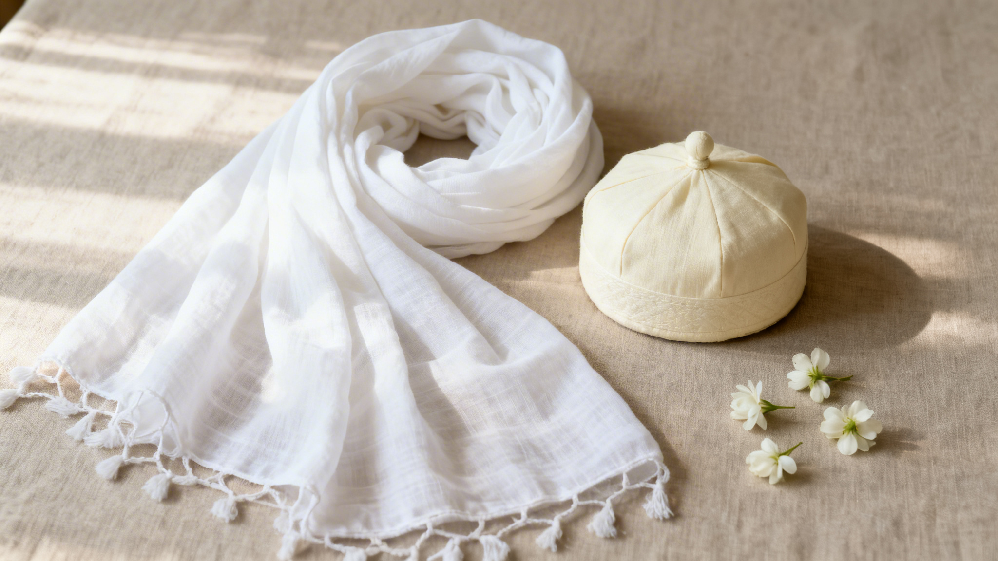 White dupatta and patka head coverings representing the Sikh funeral dress code requirement to cover your head in the Gurdwara