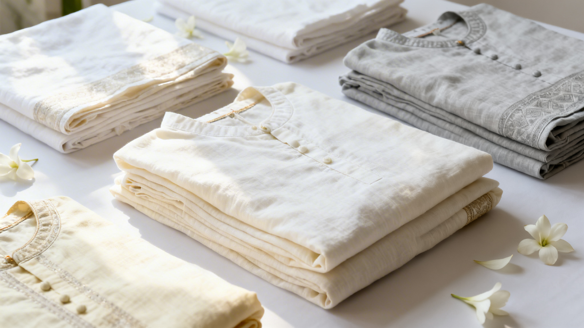 Muted white and cream traditional Indian clothing representing respectful Asian funeral attire for non-Hindu and non-Sikh guests in the UK